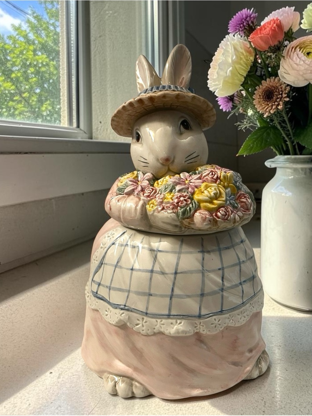 Vintage Fitz and Floyd Ceramic Bunny Cookie Jar in Soft Pastel Colors